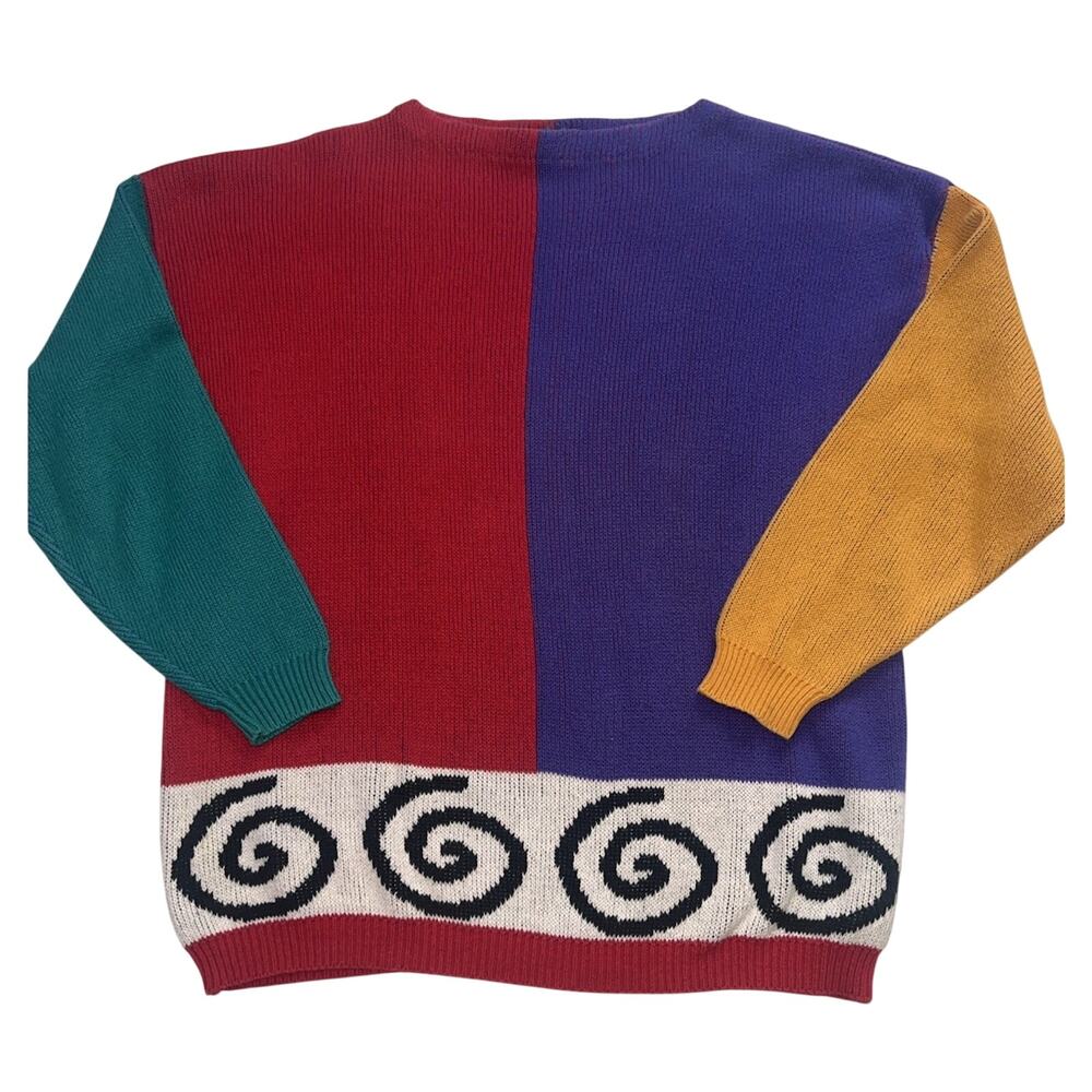 Vintage Color Block 80s Sweater Womens Size OS Multicolor Swirl Cotton Sunbelt
